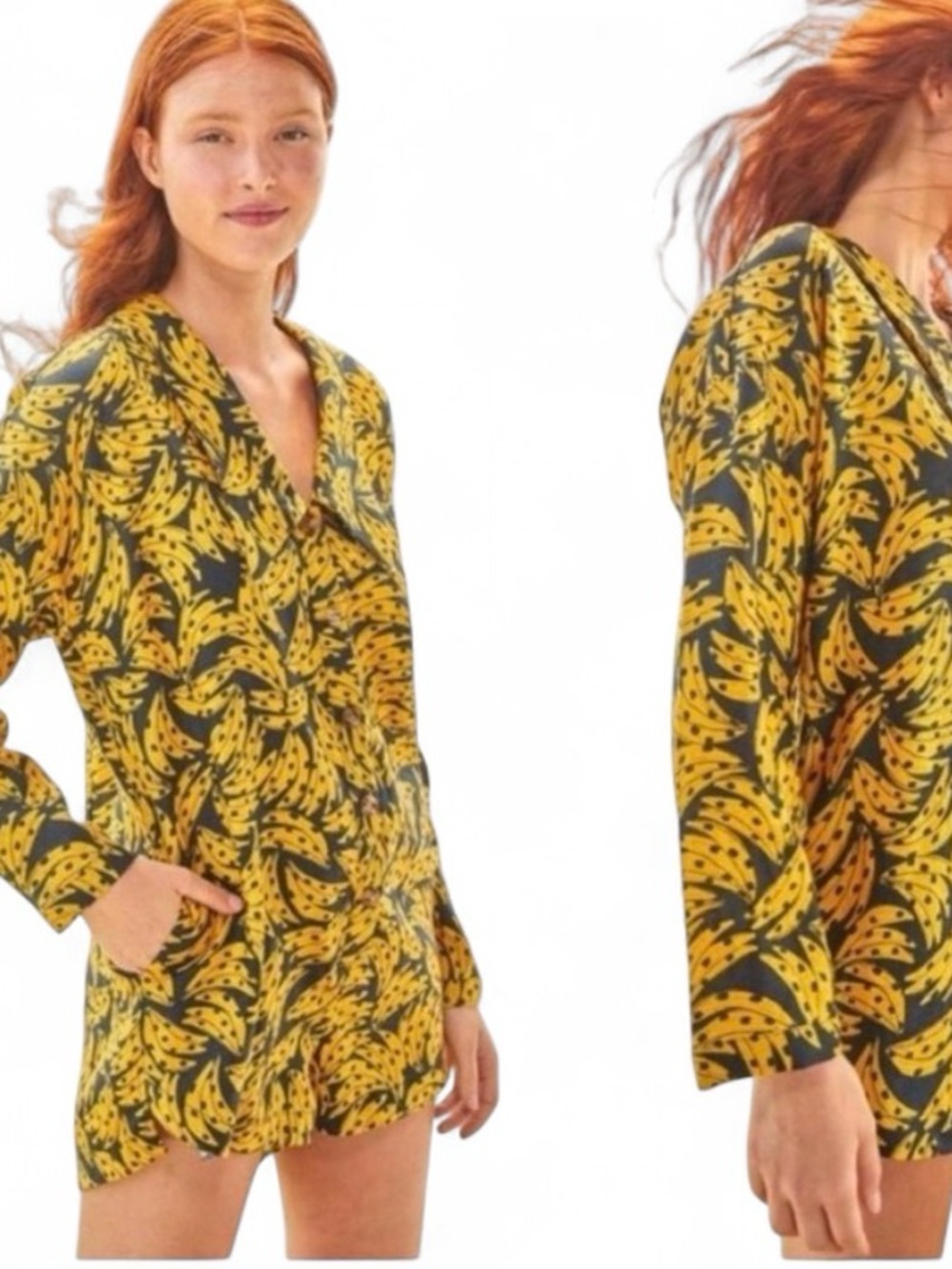 FARM Rio Banana Print Linen Romper in Yellow/Black - Size S